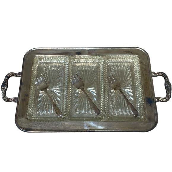 Vtg Leonard 7pc Silverplate Relish Serving Tray Glass Dishes Forks MIB - Picture 11 of 16